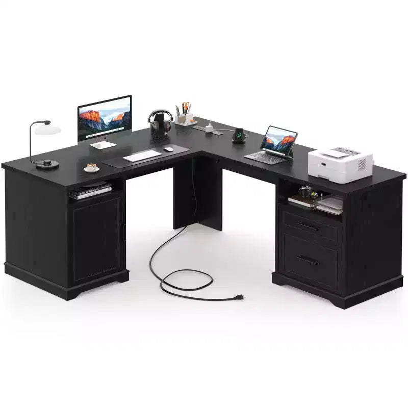 Besiost Bureau d'angle en L avec station de recharge, Bureau d'angle avec classeur