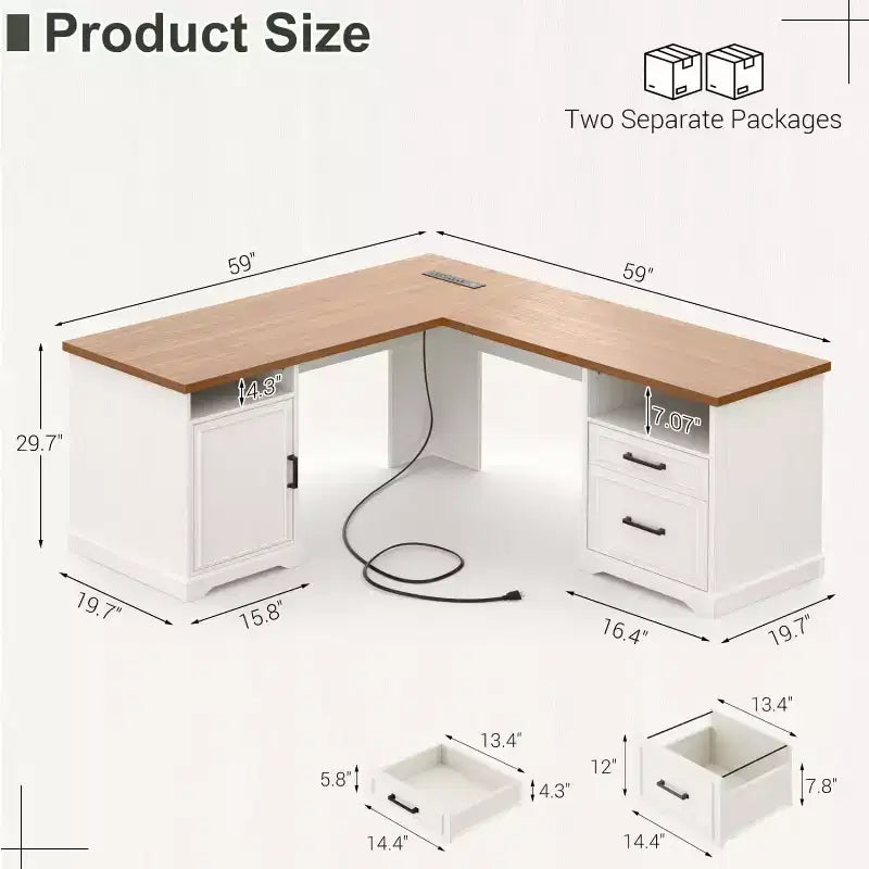 Besiost Bureau d'angle en L avec station de recharge, Bureau d'angle avec classeur