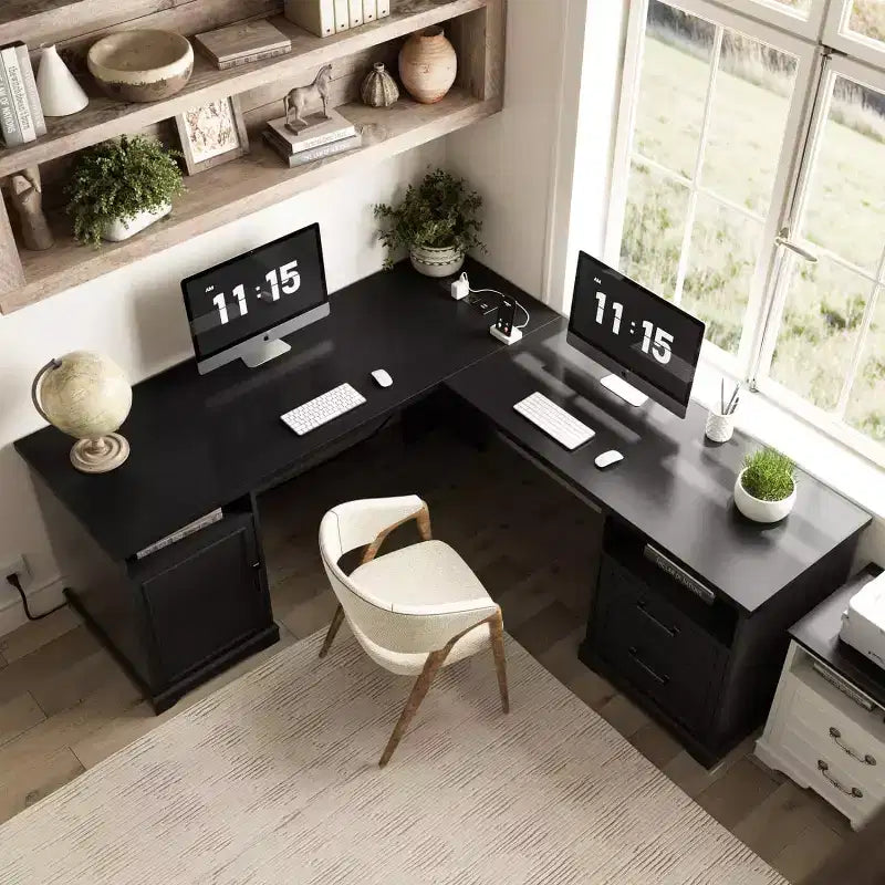 Besiost Bureau d'angle en L avec station de recharge, Bureau d'angle avec classeur