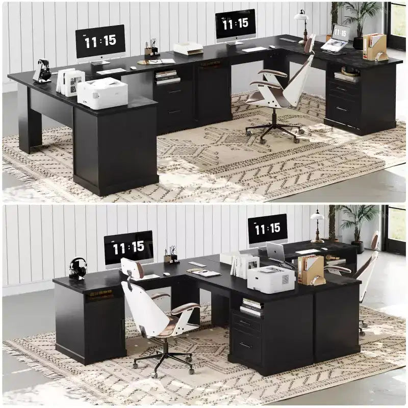 Besiost Bureau d'angle en L avec station de recharge, Bureau d'angle avec classeur