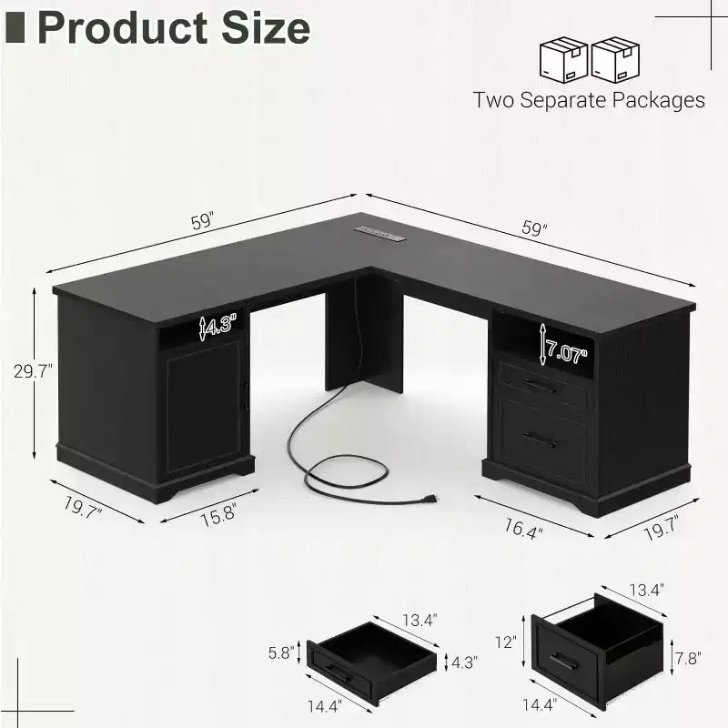 Besiost Bureau d'angle en L avec station de recharge, Bureau d'angle avec classeur