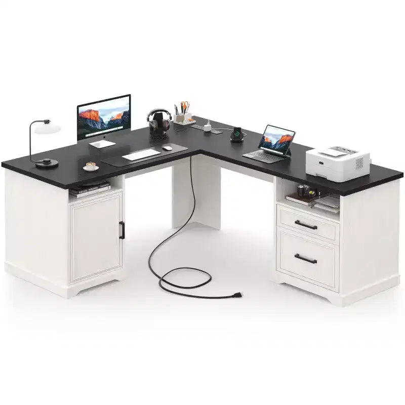 Besiost Bureau d'angle en L avec station de recharge, Bureau d'angle avec classeur