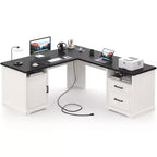 Besiost Bureau d'angle en L avec station de recharge, Bureau d'angle avec classeur