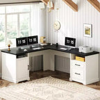 Besiost Bureau d'angle en L avec station de recharge, Bureau d'angle avec classeur