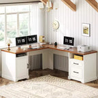 Besiost Bureau d'angle en L avec station de recharge, Bureau d'angle avec classeur