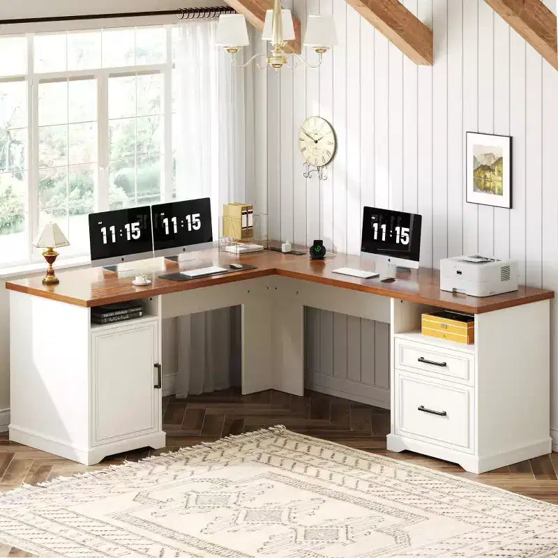 Besiost Bureau d'angle en L avec station de recharge, Bureau d'angle avec classeur