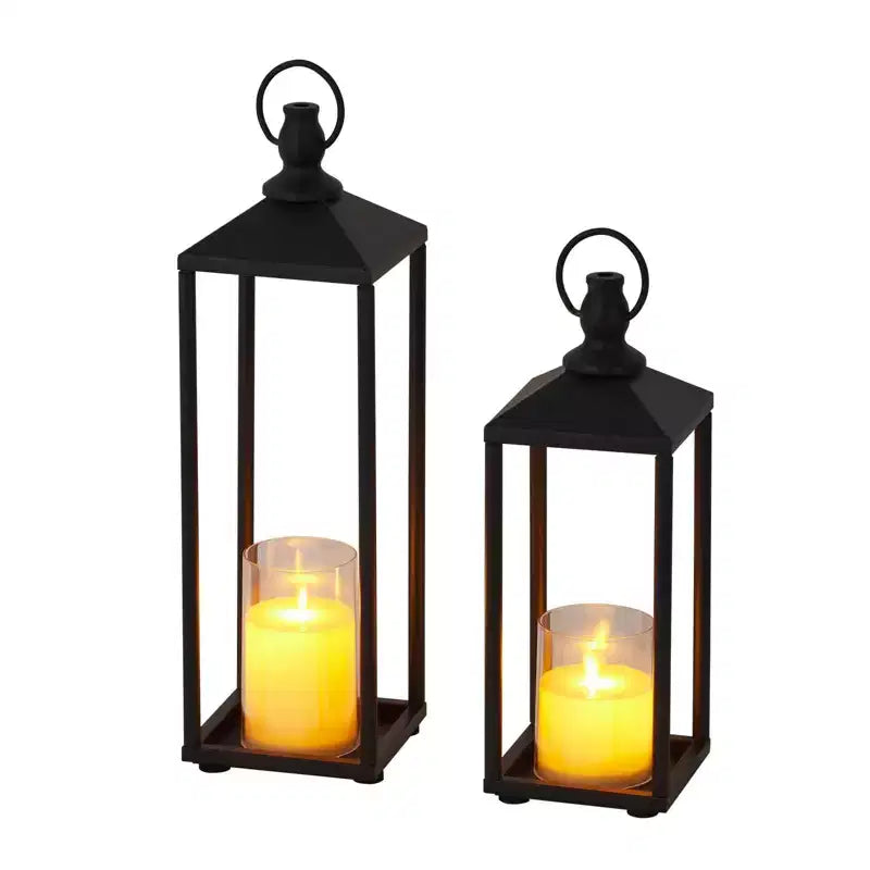 Black Metal Lantern Set of 2  Flameless LED Outdoor/Indoor Lanterns for Porch, Patio & Farmhouse Christmas Decor