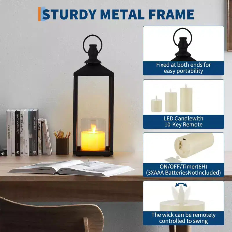 Ensemble de 2 lanternes noires en métal LED sans flamme pour l'extérieur/l'intérieur, pour porche, terrasse et décoration de Noël de ferme