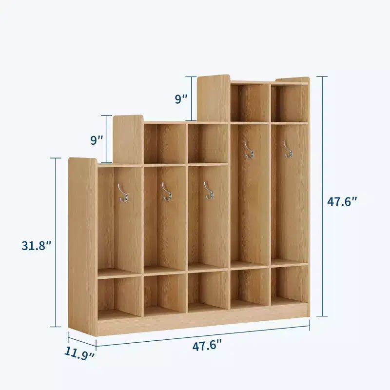 5-Section Classroom Coat Locker with 9 Cubbies & 10 Hooks, Daycare Storage Organizer for Kids, Nursery, Kindergarten, Home, Natural Wood