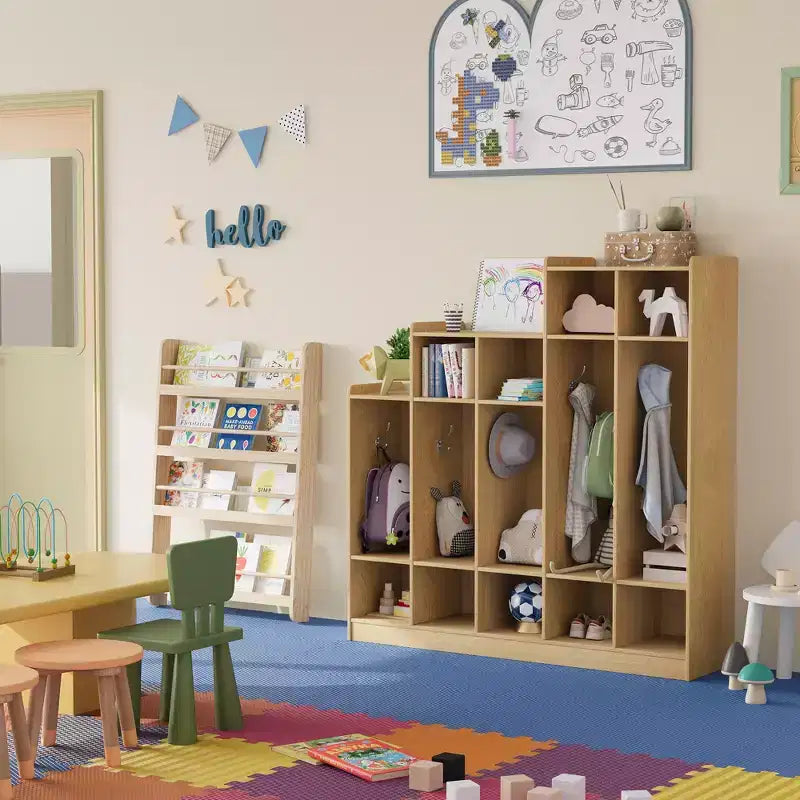 5-Section Classroom Coat Locker with 9 Cubbies & 10 Hooks, Daycare Storage Organizer for Kids, Nursery, Kindergarten, Home, Natural Wood