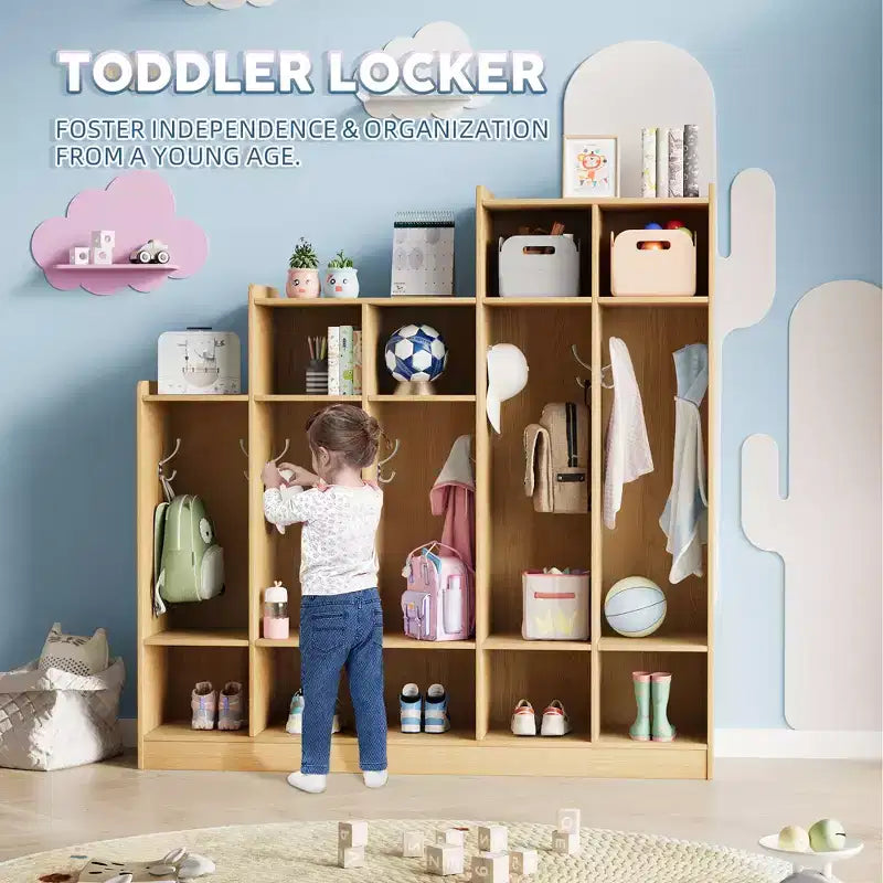 5-Section Classroom Coat Locker with 9 Cubbies & 10 Hooks, Daycare Storage Organizer for Kids, Nursery, Kindergarten, Home, Natural Wood
