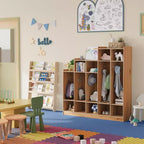 5-Section Classroom Coat Locker with 9 Cubbies & 10 Hooks, Daycare Storage Organizer for Kids, Nursery, Kindergarten, Home, Natural Wood