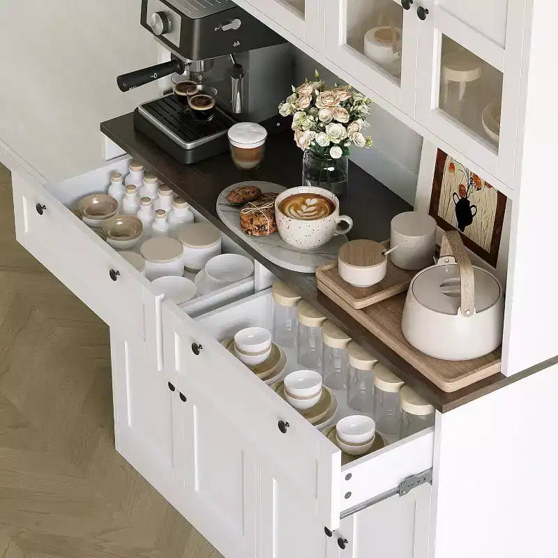 Grand garde-manger haut, Buffet de rangement avec support pour micro-ondes et tiroirs pour cuisine, salle à manger, salon