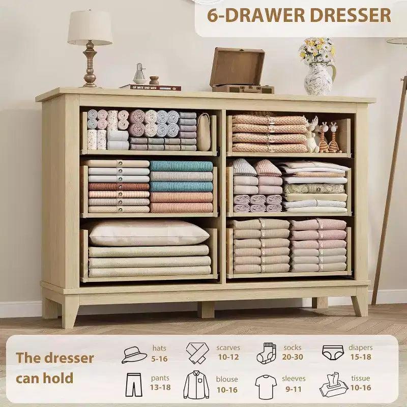 47 in Wide 6-Drawer Dresser for Bedroom, Wooden Closet Storage Chest for Living Room, Entryway, Natural Oak
