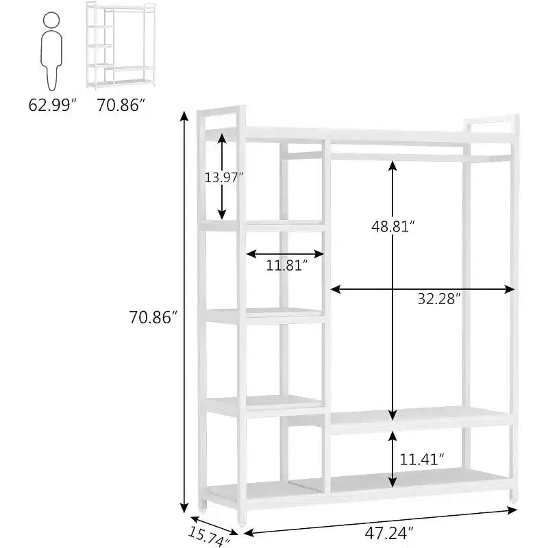 Lantine Free Standing Wood Closet Clothes Rack, Heavy Duty Garment Rack with Shelves for Bedroom, Wardrobe Organizer, 350 lb Capacity