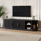 JVNOXK Meuble TV encastré en bois de style rustique de 168 cm avec poignées dorées, convient aux téléviseurs de 75 pouces et moins ; portes coulissantes à roulettes, noir