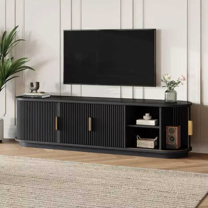 JVNOXK Meuble TV encastré en bois de style rustique de 168 cm avec poignées dorées, convient aux téléviseurs de 75 pouces et moins ; portes coulissantes à roulettes, noir