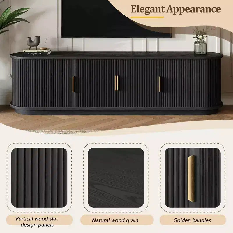 JVNOXK Meuble TV encastré en bois de style rustique de 168 cm avec poignées dorées, convient aux téléviseurs de 75 pouces et moins ; portes coulissantes à roulettes, noir