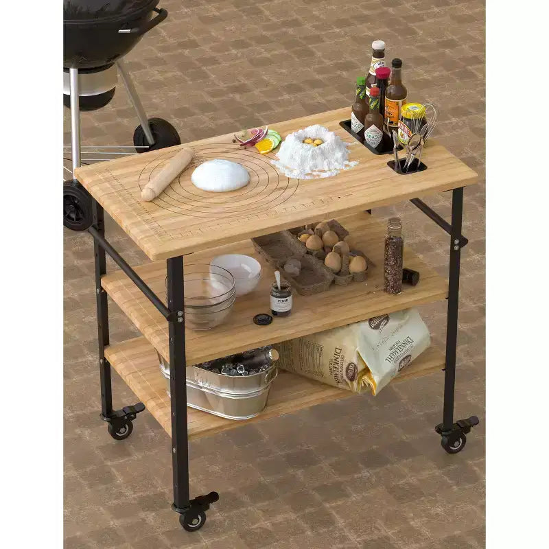 Table à pizza 3 étagères réglable en hauteur COZONY, table de préparation de nourriture pour barbecue extérieur, tailles de pizzas marquées, capacité de 300 kg avec roues métalliques flexibles pour la maison