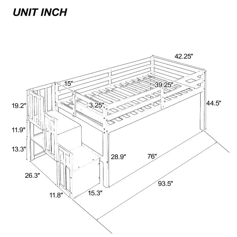 Lit mezzanine en bois avec escalier et barrières de sécurité pour adolescents, lit mezzanine de taille simple pour chambre à coucher