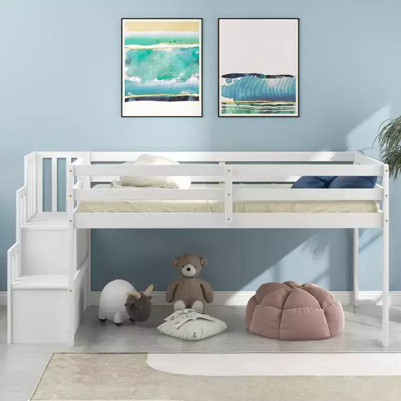 Lit mezzanine en bois avec escalier et barrières de sécurité pour adolescents, lit mezzanine de taille simple pour chambre à coucher