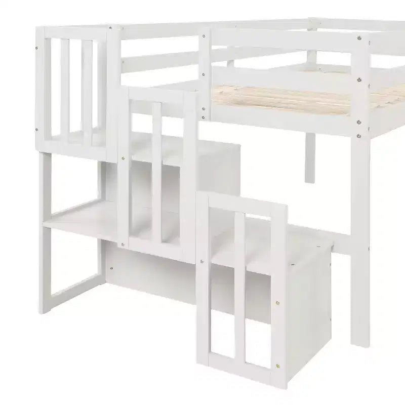 Lit mezzanine en bois avec escalier et barrières de sécurité pour adolescents, lit mezzanine de taille simple pour chambre à coucher