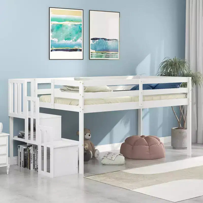 Lit mezzanine en bois avec escalier et barrières de sécurité pour adolescents, lit mezzanine de taille simple pour chambre à coucher