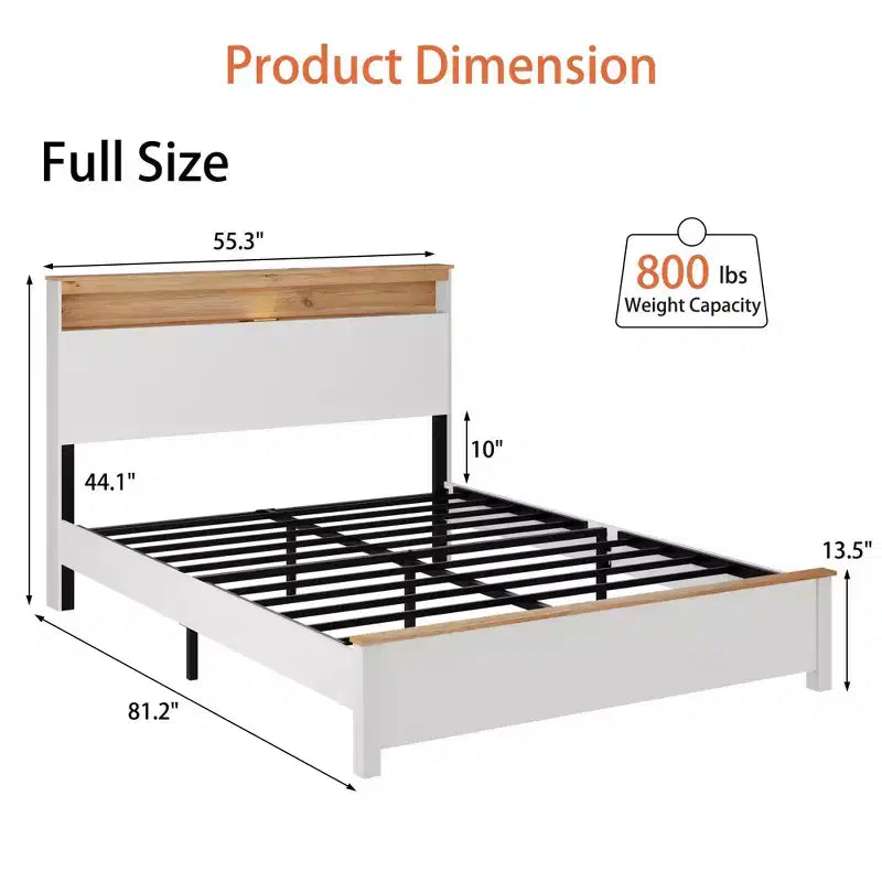 Bellemave Platform Bed Frame with Integrated Charging Station & Storage Headboard, LED Light, Antique White.