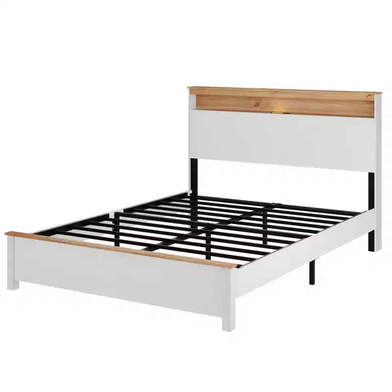 Bellemave Platform Bed Frame with Integrated Charging Station & Storage Headboard, LED Light, Antique White.