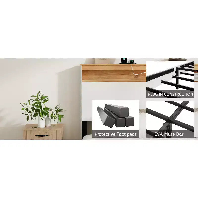 Bellemave Platform Bed Frame with Integrated Charging Station & Storage Headboard, LED Light, Antique White.