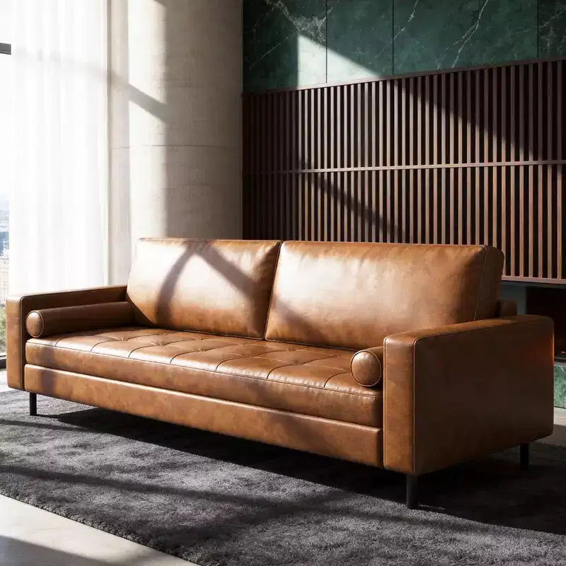 80.31 Canapé 3 places moderne du milieu du siècle en similicuir avec coussins cylindriques pour salon, bureau, appartement, marron Gaoyangjiaju