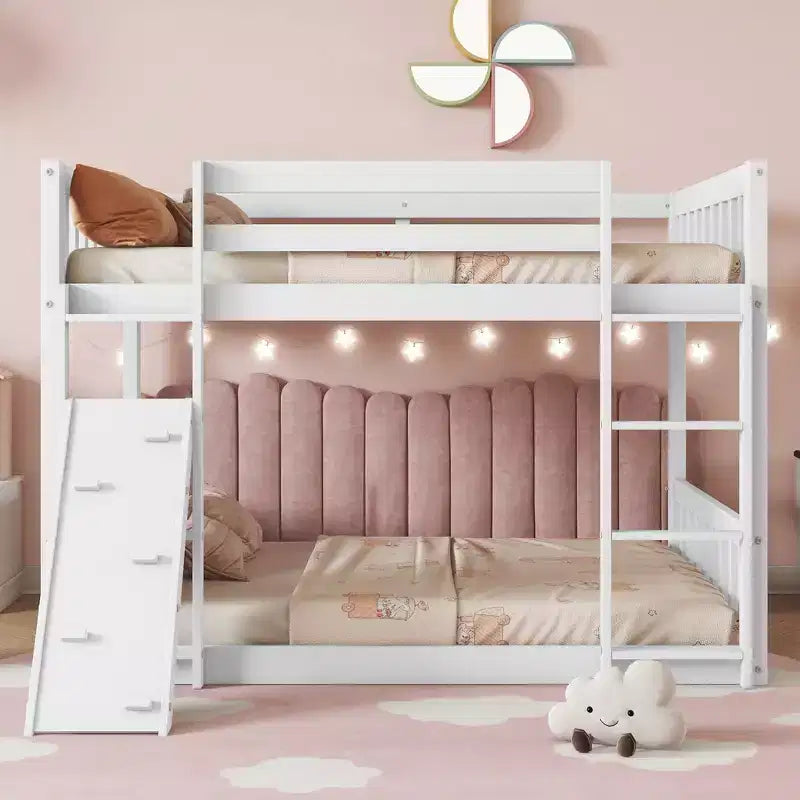 Floor Bunk Bed Twin Over Twin with Climbing Ramp for Kids, Wooden Bunk Bed Frame with Ladder and Guardrails, White
