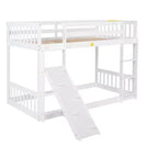 Lit superposé jumeau sur jumeau au sol avec rampe d'escalade pour enfants, cadre de lit superposé en bois avec échelle et garde-corps, blanc
