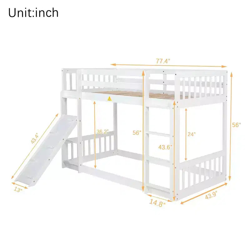 Lit superposé jumeau sur jumeau au sol avec rampe d'escalade pour enfants, cadre de lit superposé en bois avec échelle et garde-corps, blanc