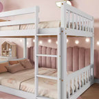 Lit superposé jumeau sur jumeau au sol avec rampe d'escalade pour enfants, cadre de lit superposé en bois avec échelle et garde-corps, blanc