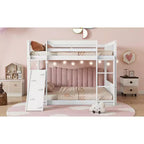 Lit superposé jumeau sur jumeau au sol avec rampe d'escalade pour enfants, cadre de lit superposé en bois avec échelle et garde-corps, blanc