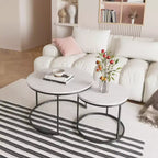 Nesting Coffee Table Set of 2, 27.6 Round Marble Pattern Wood Top with Metal Frame, Side End Tables, White