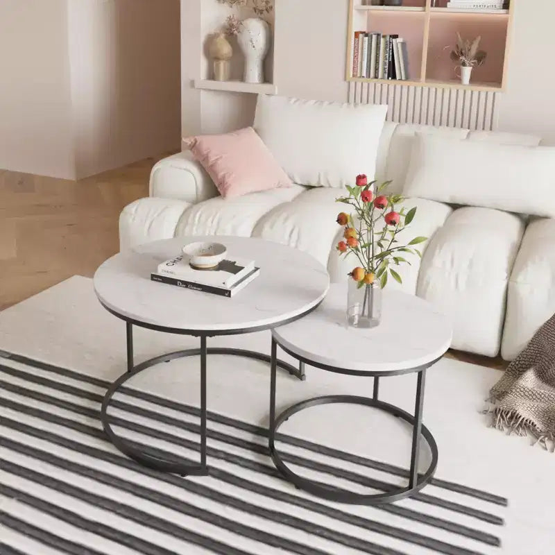 Nesting Coffee Table Set of 2, 27.6 Round Marble Pattern Wood Top with Metal Frame, Side End Tables, White