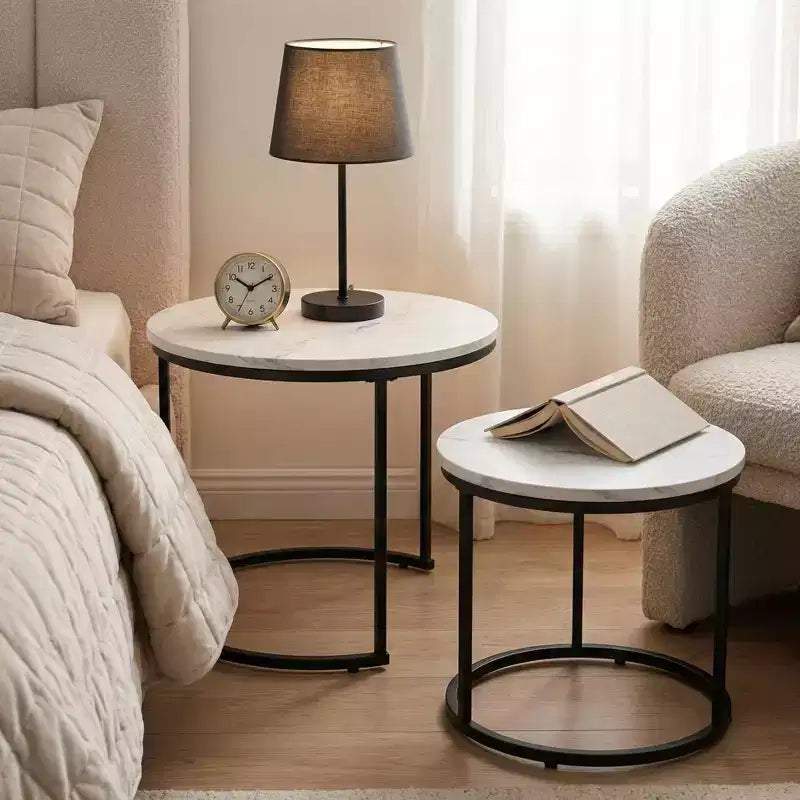 Tables basses gigognes (lot de 2), plateau rond en bois motif marbre de 70 cm avec cadre en métal, tables d'appoint, blanc