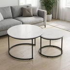 Tables basses gigognes (lot de 2), plateau rond en bois motif marbre de 70 cm avec cadre en métal, tables d'appoint, blanc