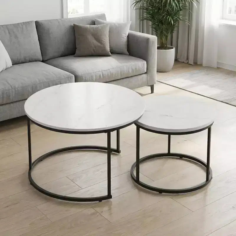 Tables basses gigognes (lot de 2), plateau rond en bois motif marbre de 70 cm avec cadre en métal, tables d'appoint, blanc