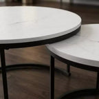 Tables basses gigognes (lot de 2), plateau rond en bois motif marbre de 70 cm avec cadre en métal, tables d'appoint, blanc