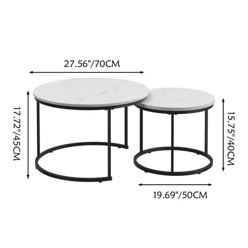Tables basses gigognes (lot de 2), plateau rond en bois motif marbre de 70 cm avec cadre en métal, tables d'appoint, blanc