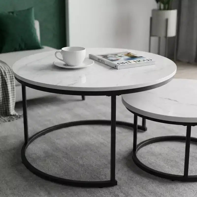 Tables basses gigognes (lot de 2), plateau rond en bois motif marbre de 70 cm avec cadre en métal, tables d'appoint, blanc