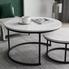 Tables basses gigognes (lot de 2), plateau rond en bois motif marbre de 70 cm avec cadre en métal, tables d'appoint, blanc