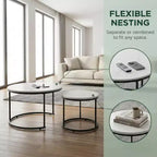 Tables basses gigognes (lot de 2), plateau rond en bois motif marbre de 70 cm avec cadre en métal, tables d'appoint, blanc