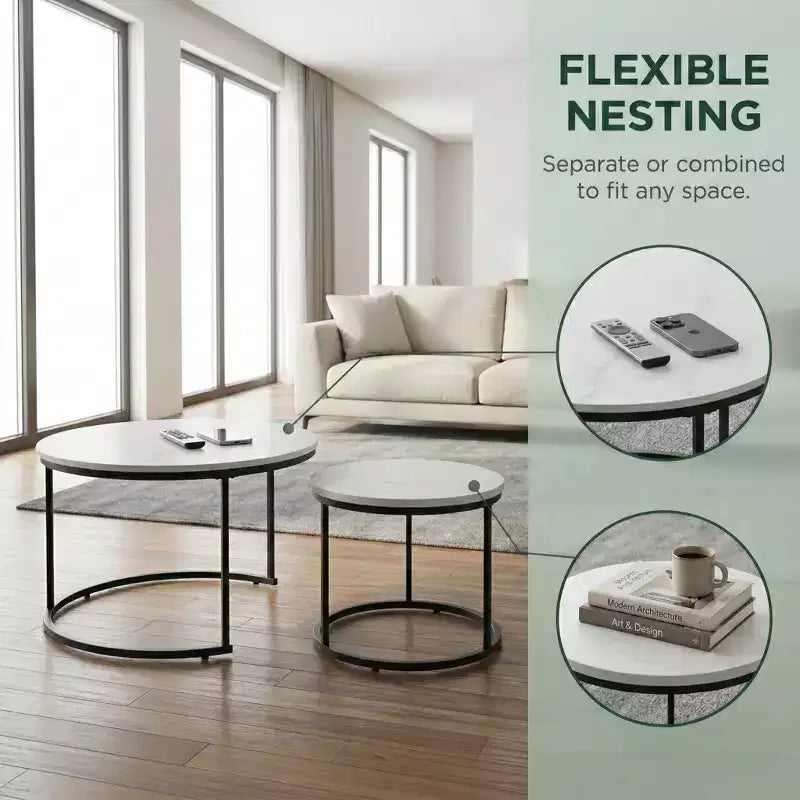 Tables basses gigognes (lot de 2), plateau rond en bois motif marbre de 70 cm avec cadre en métal, tables d'appoint, blanc