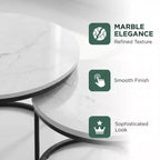 Tables basses gigognes (lot de 2), plateau rond en bois motif marbre de 70 cm avec cadre en métal, tables d'appoint, blanc