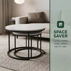 Tables basses gigognes (lot de 2), plateau rond en bois motif marbre de 70 cm avec cadre en métal, tables d'appoint, blanc