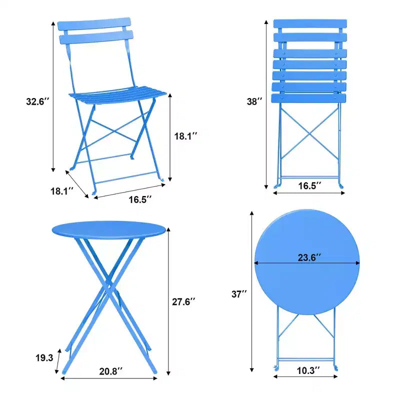 3-Piece Outdoor Bistro Set, Folding Patio Bistro Sets with 1 Table and 2 Chairs, Metal Frame Bistro Table and Chairs Set of 2 for Small Space, Indoor